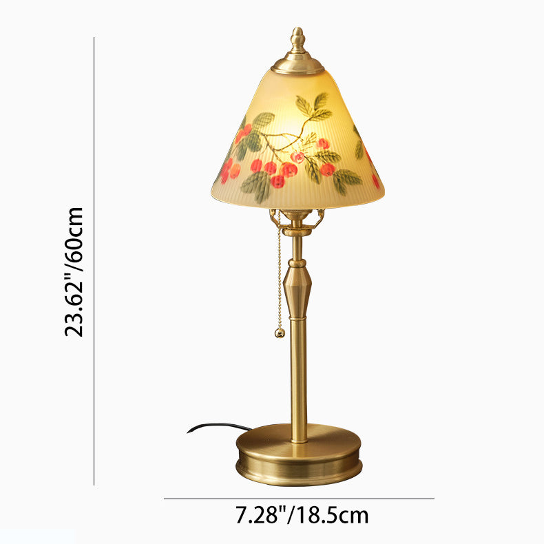 Traditional Chinese Brass & Glass Painted Cherry Cone 1-Light Table Lamp For Bedroom