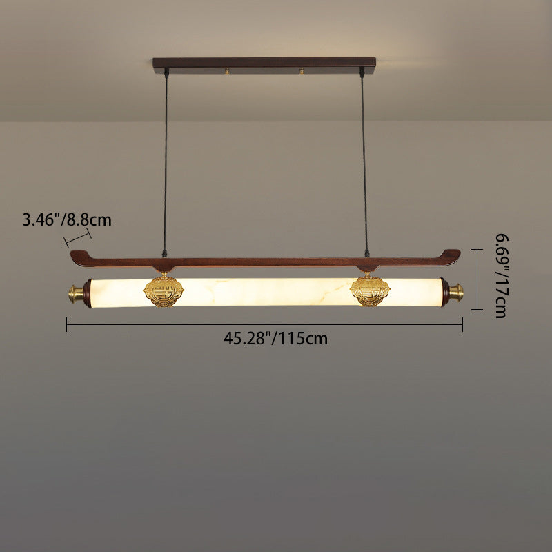 Traditional Chinese Brass Wujin Wood & Imitation Marble Bar-Shaped LED Chandelier Island Light For Dining Room