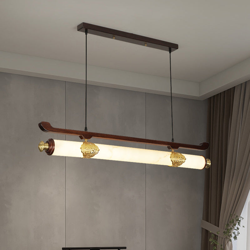 Traditional Chinese Brass Wujin Wood & Imitation Marble Bar-Shaped LED Chandelier Island Light For Dining Room