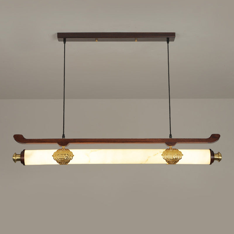 Traditional Chinese Brass Wujin Wood & Imitation Marble Bar-Shaped LED Chandelier Island Light For Dining Room