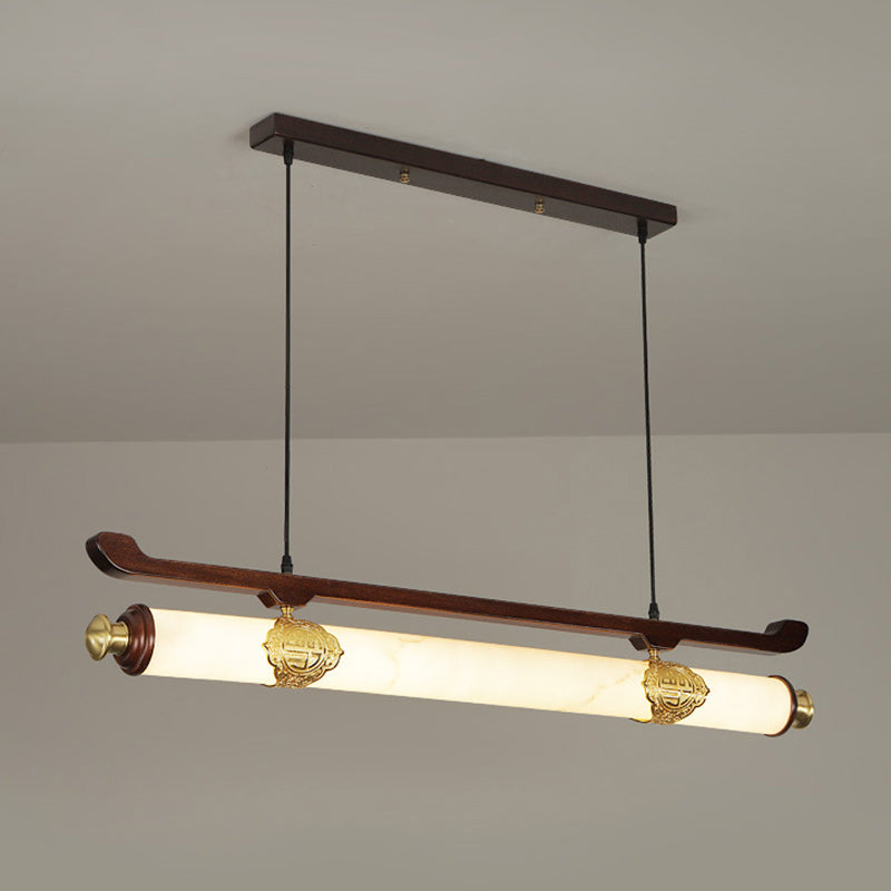 Traditional Chinese Brass Wujin Wood & Imitation Marble Bar-Shaped LED Chandelier Island Light For Dining Room