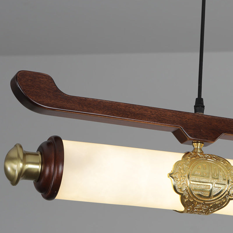 Traditional Chinese Brass Wujin Wood & Imitation Marble Bar-Shaped LED Chandelier Island Light For Dining Room