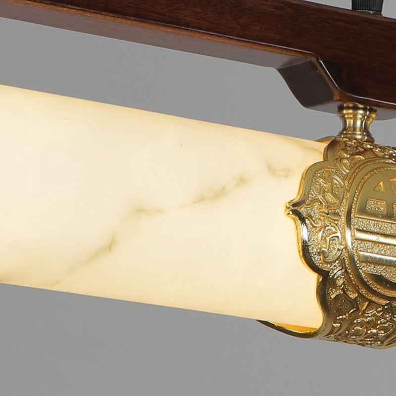 Traditional Chinese Brass Wujin Wood & Imitation Marble Bar-Shaped LED Chandelier Island Light For Dining Room