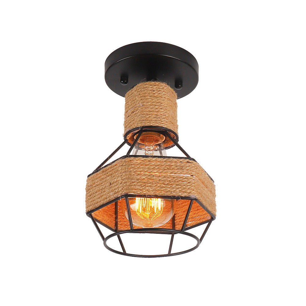 Contemporary Industrial Iron & Rope Cage Grenade 1-Light Semi-Flush Mount Ceiling Light For Hallway