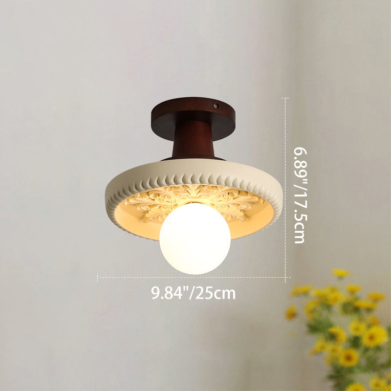 Traditional French Resin & Wood Bowl-Shaped Round Carved 1-Light Semi-Flush Mount Ceiling Light For Hallway And Entryway
