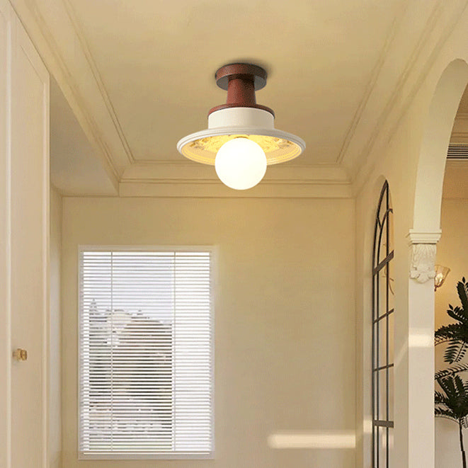 Traditional French Resin & Wood Bowl-Shaped Round Carved 1-Light Semi-Flush Mount Ceiling Light For Hallway And Entryway