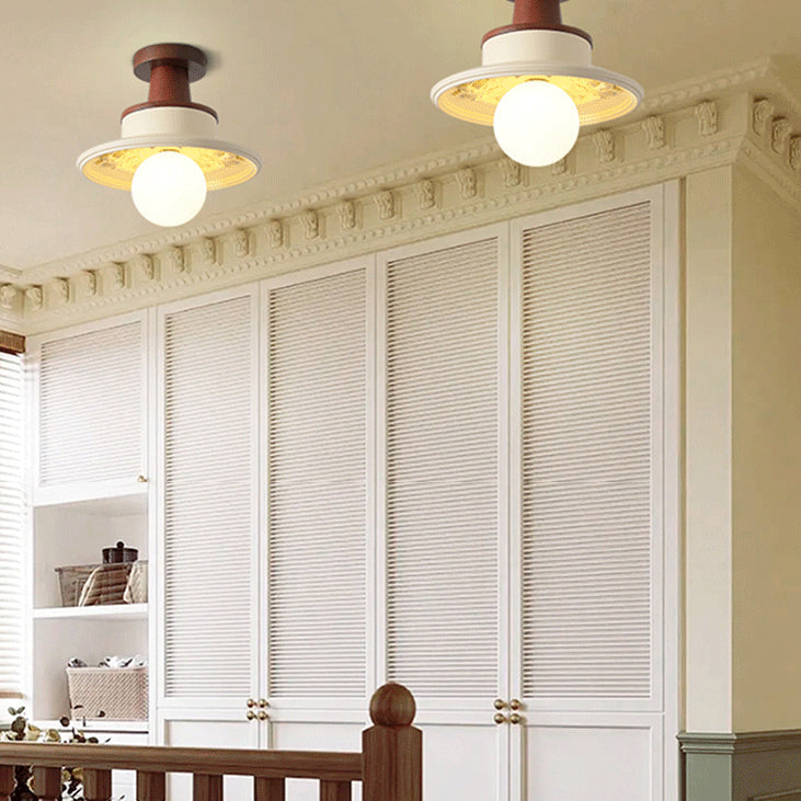 Traditional French Resin & Wood Bowl-Shaped Round Carved 1-Light Semi-Flush Mount Ceiling Light For Hallway And Entryway