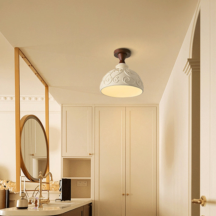 Traditional French Resin & Wood Bowl-Shaped Round Carved 1-Light Semi-Flush Mount Ceiling Light For Hallway And Entryway