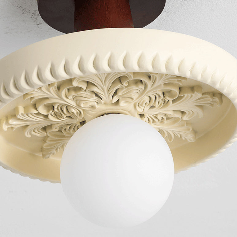 Traditional French Resin & Wood Bowl-Shaped Round Carved 1-Light Semi-Flush Mount Ceiling Light For Hallway And Entryway