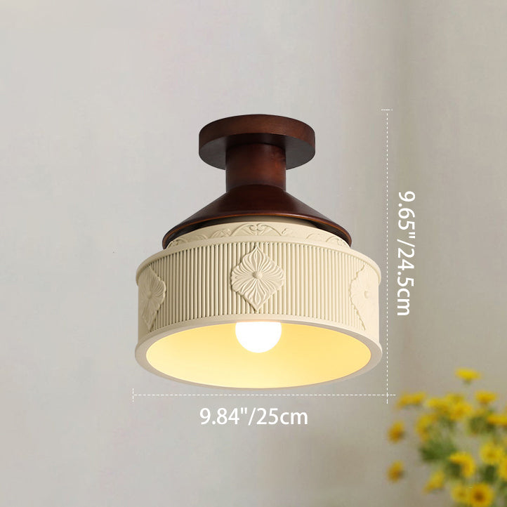 Traditional French Resin & Wood Bowl-Shaped Round Carved 1-Light Semi-Flush Mount Ceiling Light For Hallway And Entryway