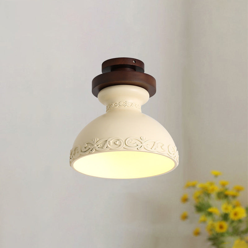 Traditional French Resin & Wood Bowl-Shaped Round Carved 1-Light Semi-Flush Mount Ceiling Light For Hallway And Entryway
