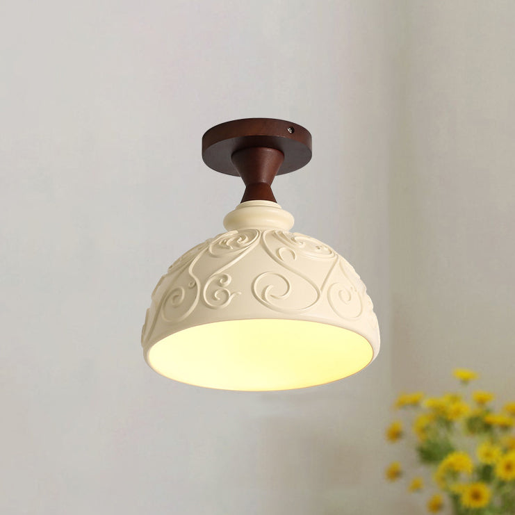 Traditional French Resin & Wood Bowl-Shaped Round Carved 1-Light Semi-Flush Mount Ceiling Light For Hallway And Entryway