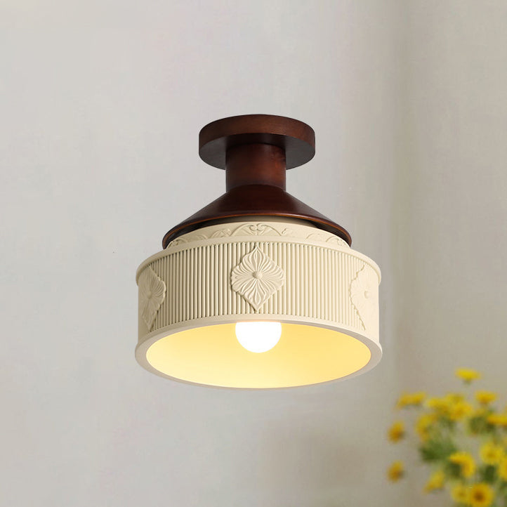 Traditional French Resin & Wood Bowl-Shaped Round Carved 1-Light Semi-Flush Mount Ceiling Light For Hallway And Entryway