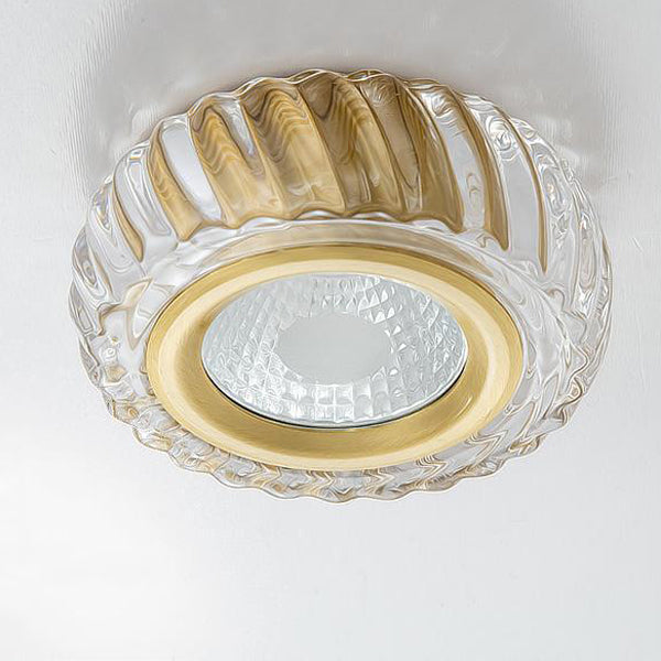 Modern Mid-Century Brass & Crystal Glass Ribbed Round LED Flush Mount Ceiling Light Spotlight For Hallway And Entryway