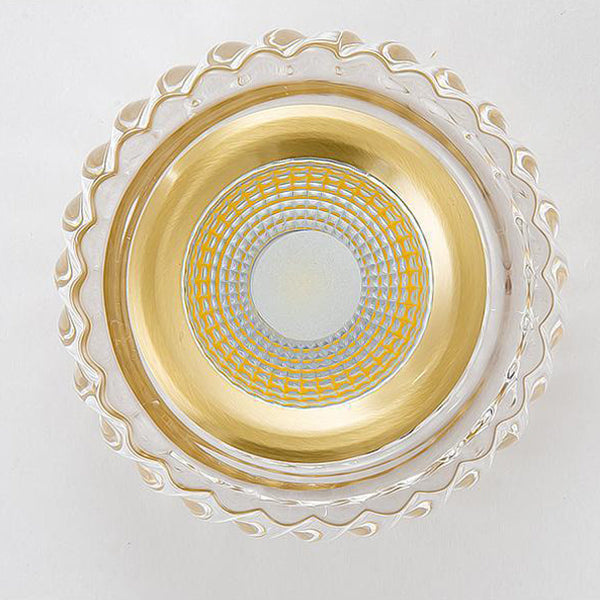 Modern Mid-Century Brass & Crystal Glass Ribbed Round LED Flush Mount Ceiling Light Spotlight For Hallway And Entryway
