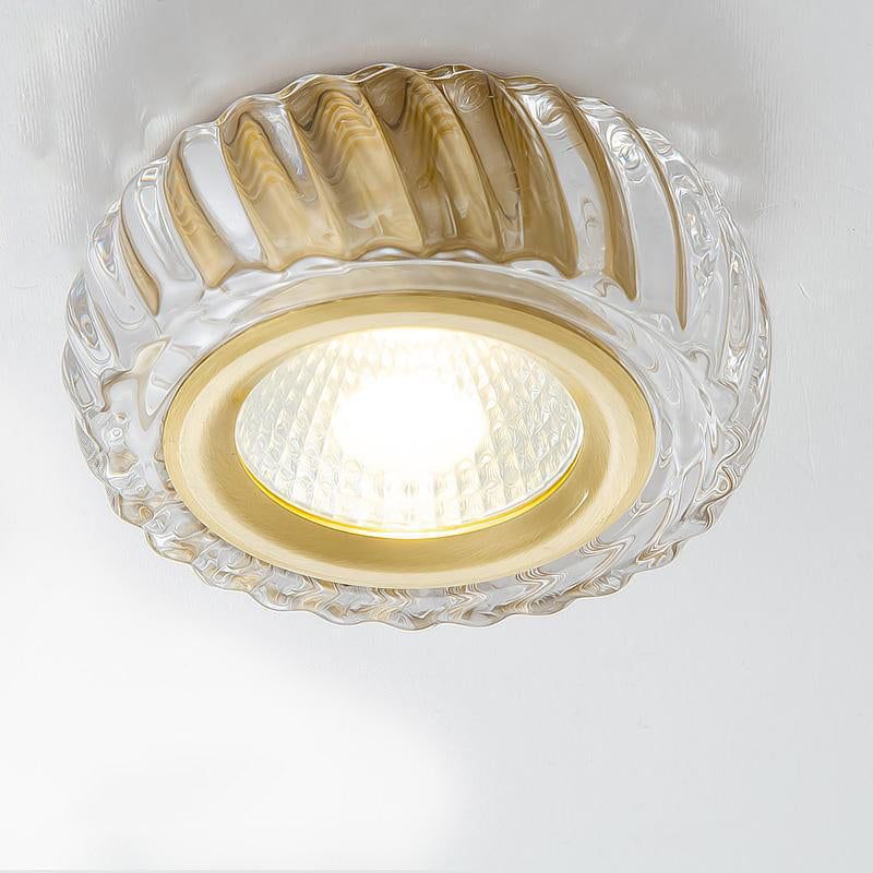 Modern Mid-Century Brass & Crystal Glass Ribbed Round LED Flush Mount Ceiling Light Spotlight For Hallway And Entryway