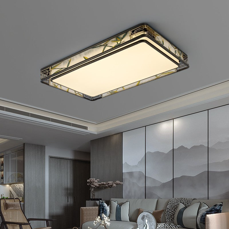 Traditional Chinese Brass And Glass Bamboo Leaf Round Square Rectangular LED Flush Mount Ceiling Light For Living Room And Bedroom