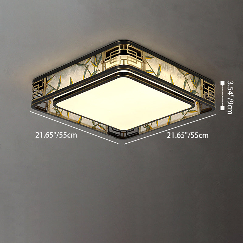 Traditional Chinese Brass And Glass Bamboo Leaf Round Square Rectangular LED Flush Mount Ceiling Light For Living Room And Bedroom