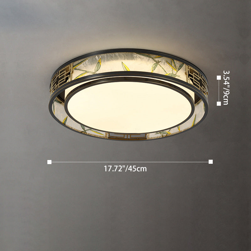 Traditional Chinese Brass And Glass Bamboo Leaf Round Square Rectangular LED Flush Mount Ceiling Light For Living Room And Bedroom