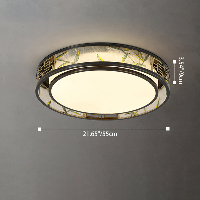 Traditional Chinese Brass And Glass Bamboo Leaf Round Square Rectangular LED Flush Mount Ceiling Light For Living Room And Bedroom