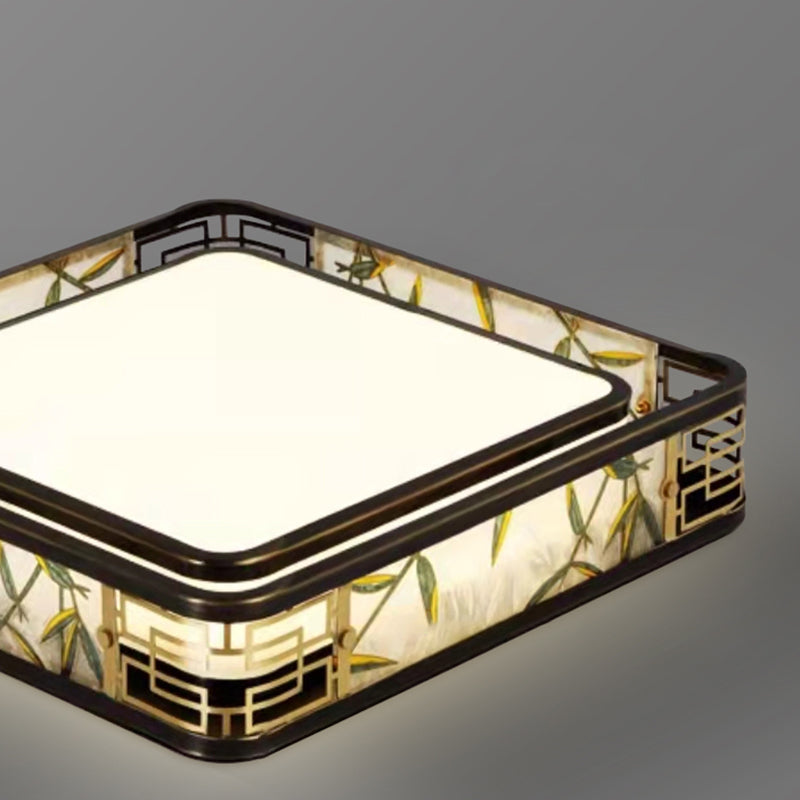 Traditional Chinese Brass And Glass Bamboo Leaf Round Square Rectangular LED Flush Mount Ceiling Light For Living Room And Bedroom