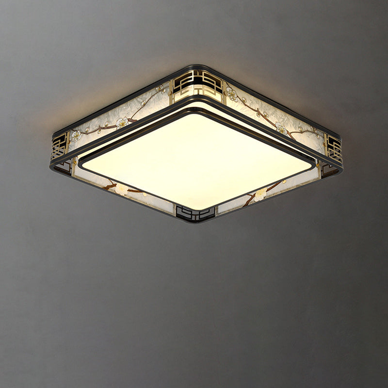Traditional Chinese Brass And Glass Lotus Plum Blossom Round Square Rectangular LED Flush Mount Ceiling Light For Living Room And Bedroom