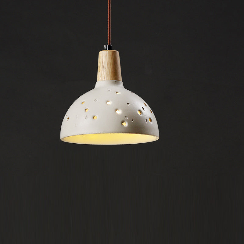 Traditional Japanese Concrete Wood Dome Multi-Hole 1-Light Pendant Light For Bedroom Bedside