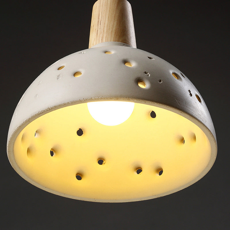 Traditional Japanese Concrete Wood Dome Multi-Hole 1-Light Pendant Light For Bedroom Bedside