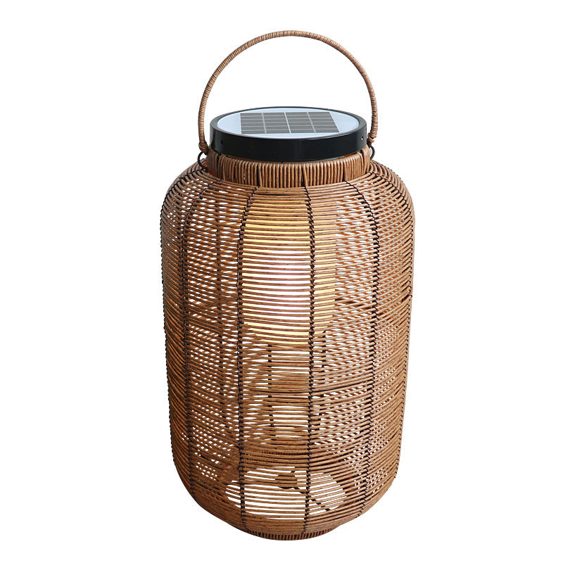 Traditional Japanese Solar Waterproof Weaving PE Rattan Acrylic Iron Cylindrical Lantern LED Landscape Lighting For Garden & Outdoor Patio