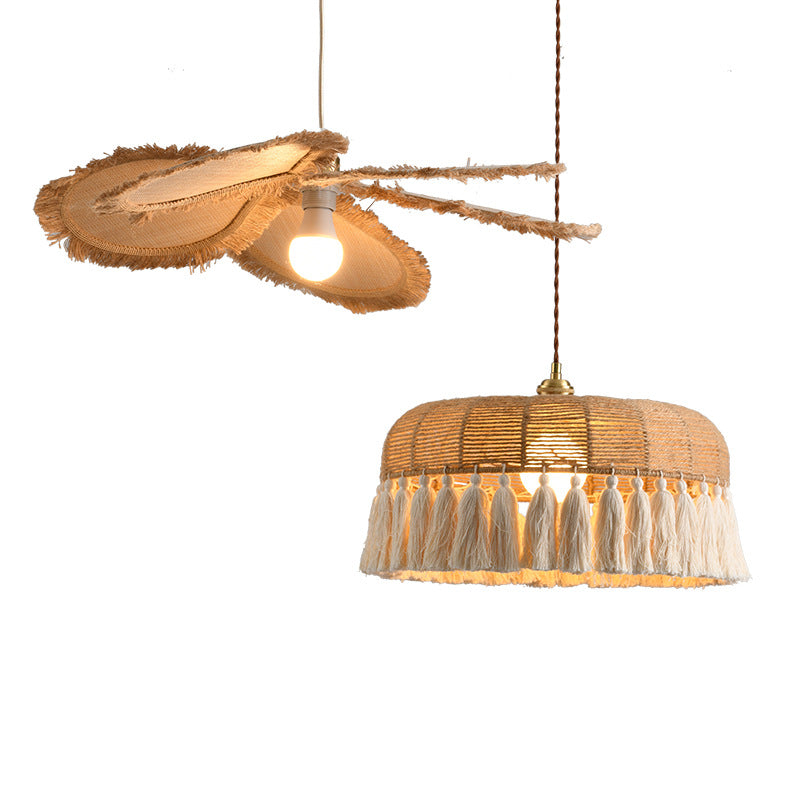 Contemporary Boho Weaving Rope Cotton Thread Dome Tassel 1-Light Pendant Light For Dining Room