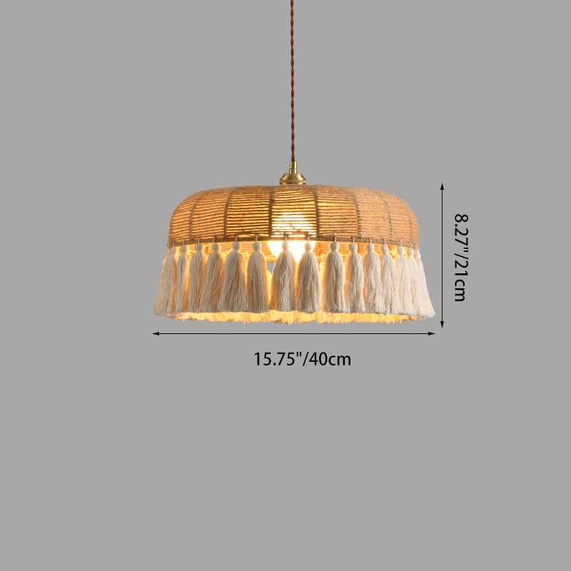 Contemporary Boho Weaving Rope Cotton Thread Dome Tassel 1-Light Pendant Light For Dining Room