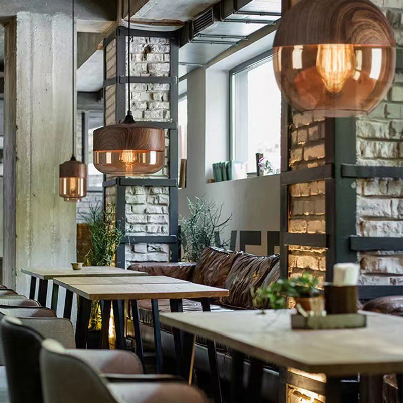 Contemporary Industrial Iron & Glass Barrel Cylinder Globe 1-Light Pendant Light For Dining Room