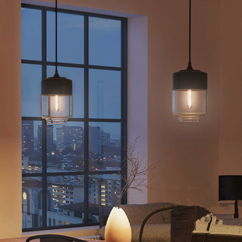 Contemporary Industrial Iron & Glass Barrel Cylinder Globe 1-Light Pendant Light For Dining Room
