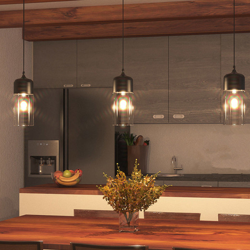 Contemporary Industrial Iron & Glass Barrel Cylinder Globe 1-Light Pendant Light For Dining Room