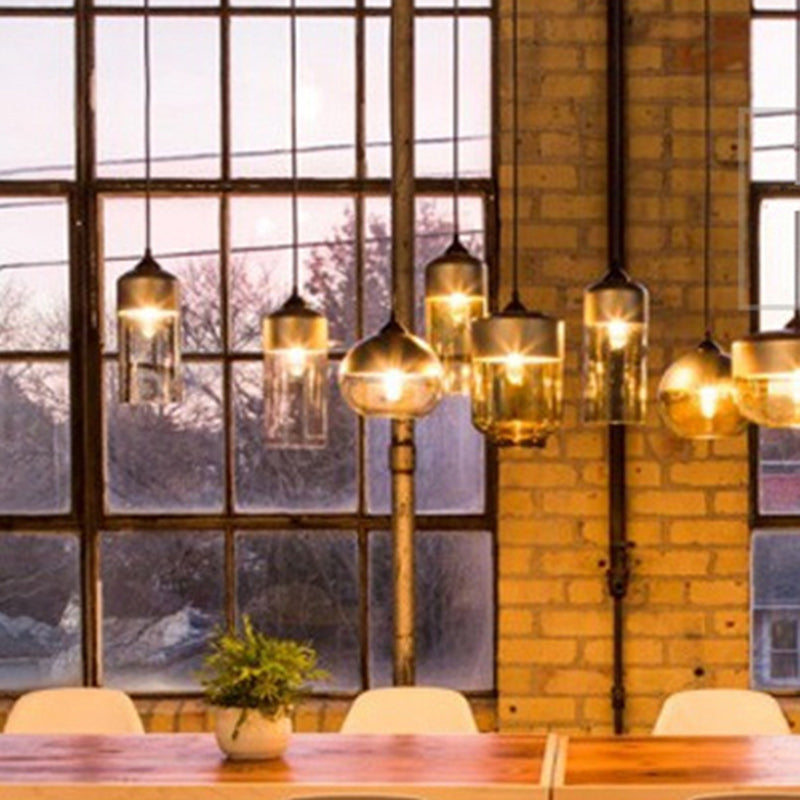 Contemporary Industrial Iron & Glass Barrel Cylinder Globe 1-Light Pendant Light For Dining Room