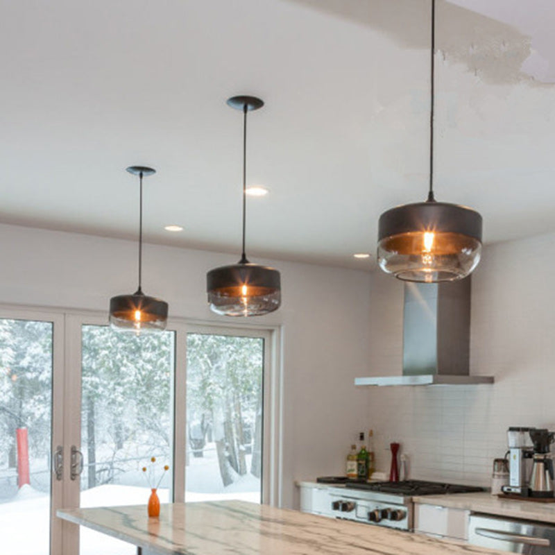 Contemporary Industrial Iron & Glass Barrel Cylinder Globe 1-Light Pendant Light For Dining Room