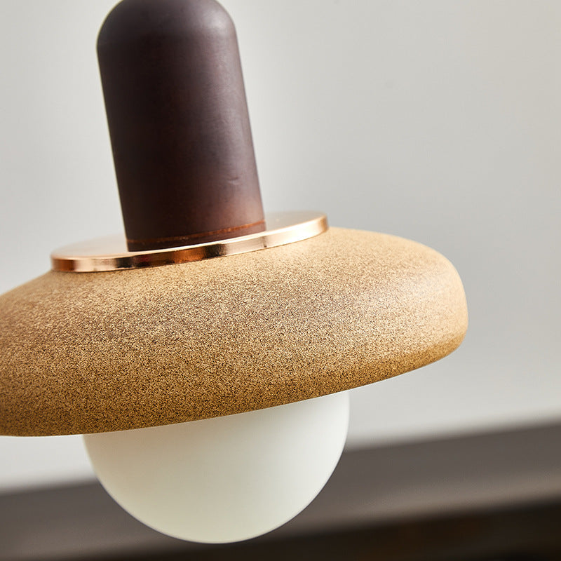 Traditional Japanese Ceramic & Wood Bowl Disc 1-Light Pendant Light For Bedside & Dining Room