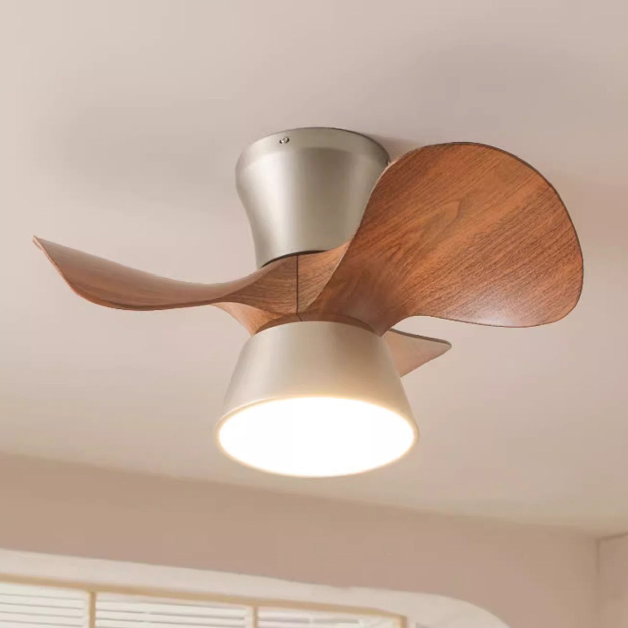 Modern Mid-Century Iron ABS Acrylic Round LED Semi-Flush Mount Ceiling Fan Light For Living Room & Bedroom