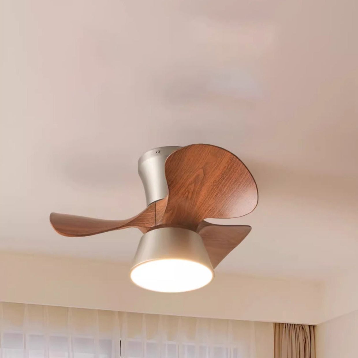 Modern Mid-Century Iron ABS Acrylic Round LED Semi-Flush Mount Ceiling Fan Light For Living Room & Bedroom