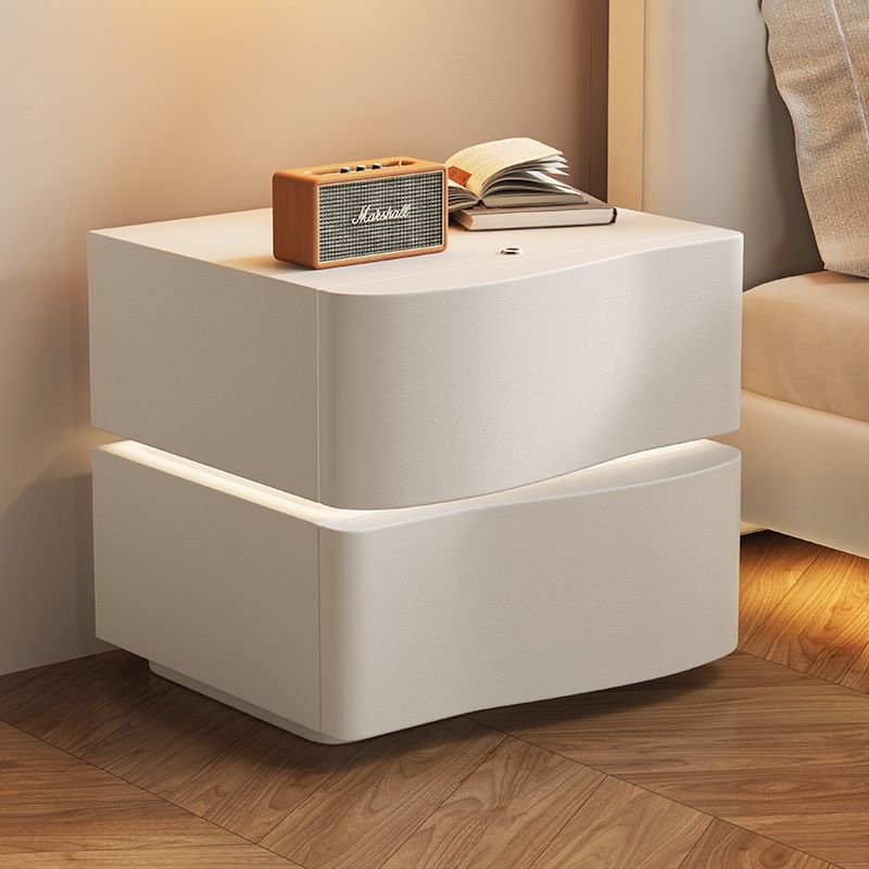Contemporary Creative Solid Wood Microfiber Leather Rounded Square Nightstand 2-Drawer For Bedroom
