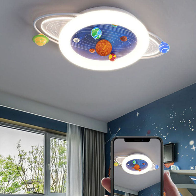Contemporary Creative Kids Round Planet Acrylic Iron LED Flush Mount Ceiling Light For Bedroom