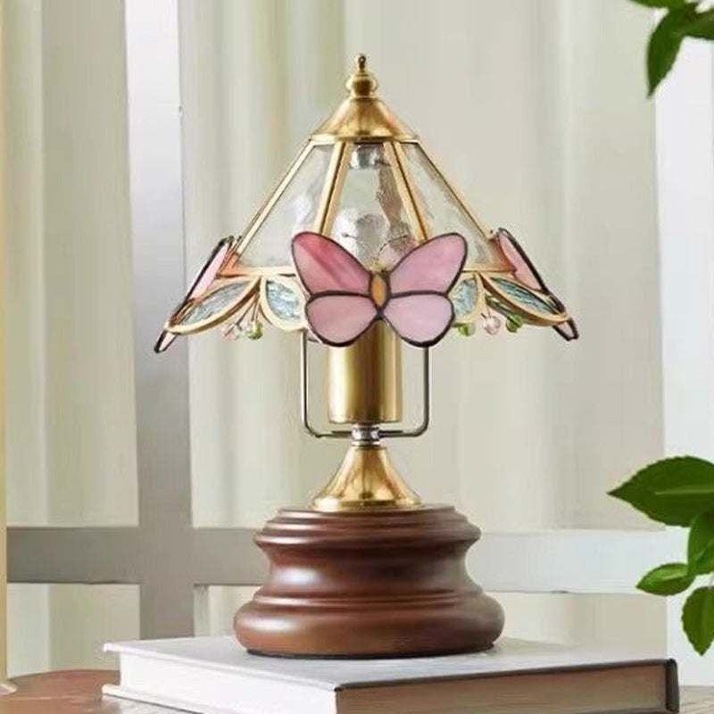 Traditional Vintage Cone Glass Wood Copper 1-Light Table Lamp For Living Room