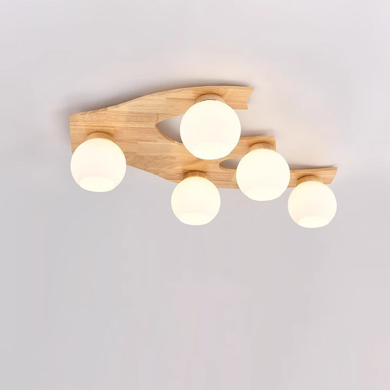 Contemporary Nordic Globe Wood Iron Glass 3/5-Light Semi-Flush Mount Ceiling Light For Living Room