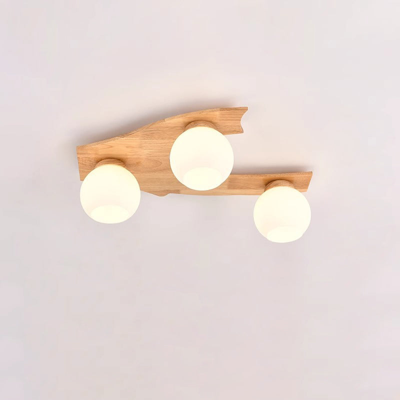 Contemporary Nordic Globe Wood Iron Glass 3/5-Light Semi-Flush Mount Ceiling Light For Living Room