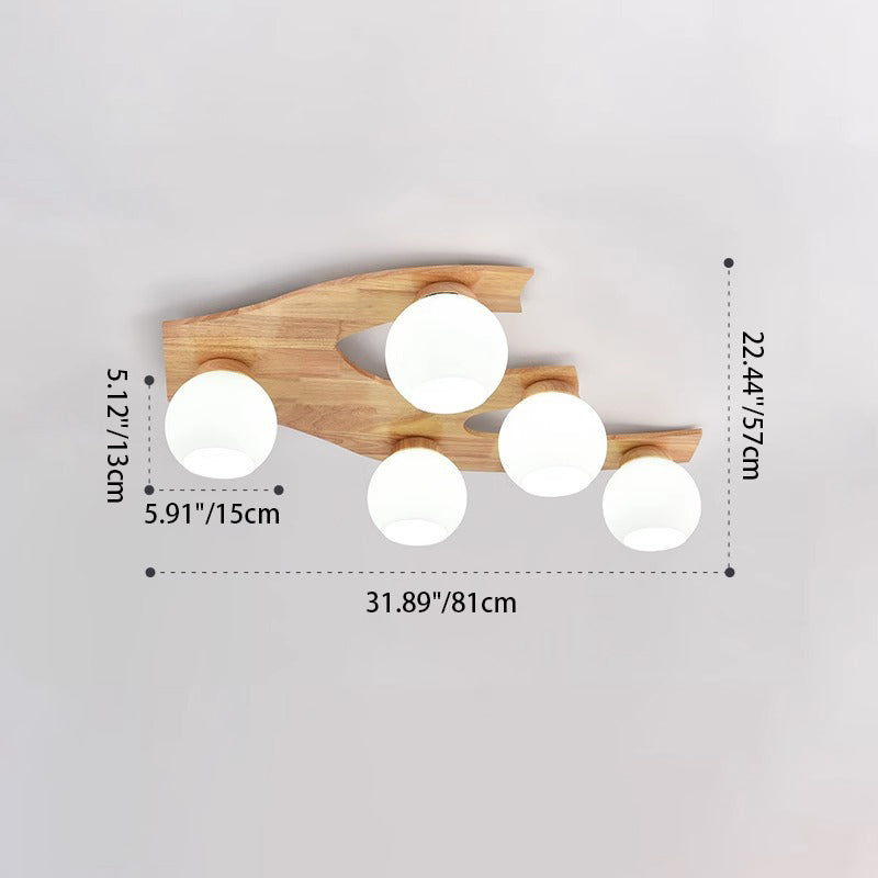 Contemporary Nordic Globe Wood Iron Glass 3/5-Light Semi-Flush Mount Ceiling Light For Living Room