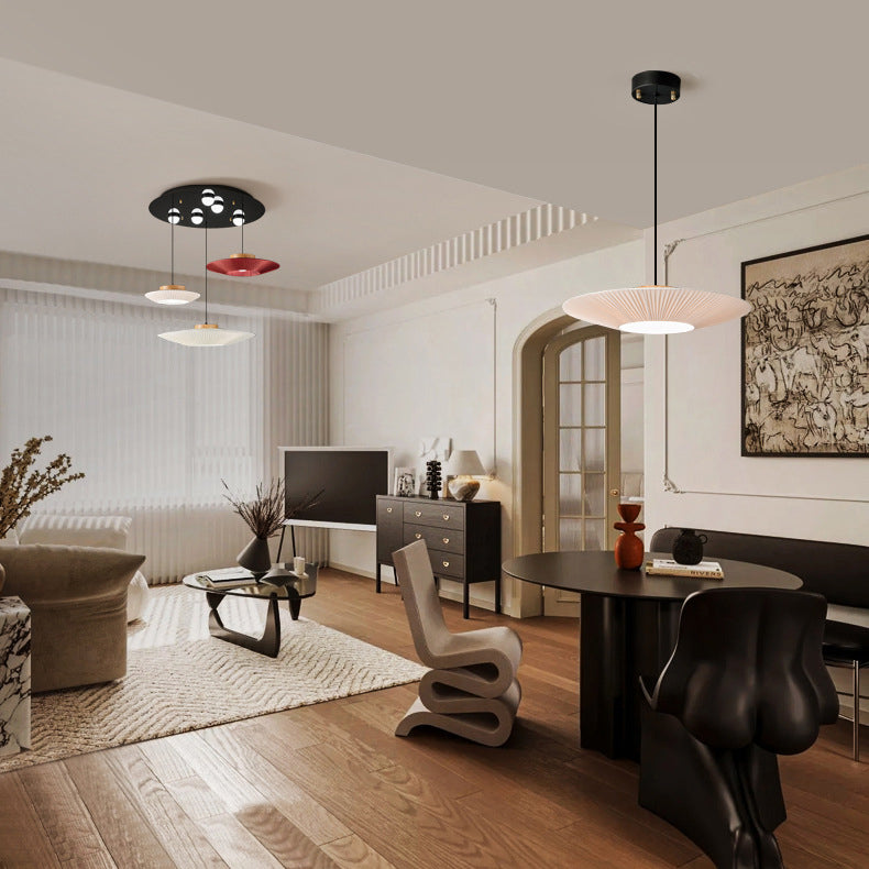 Contemporary Scandinavian Round Copper Leather Fabric LED Pendant Light For Living Room