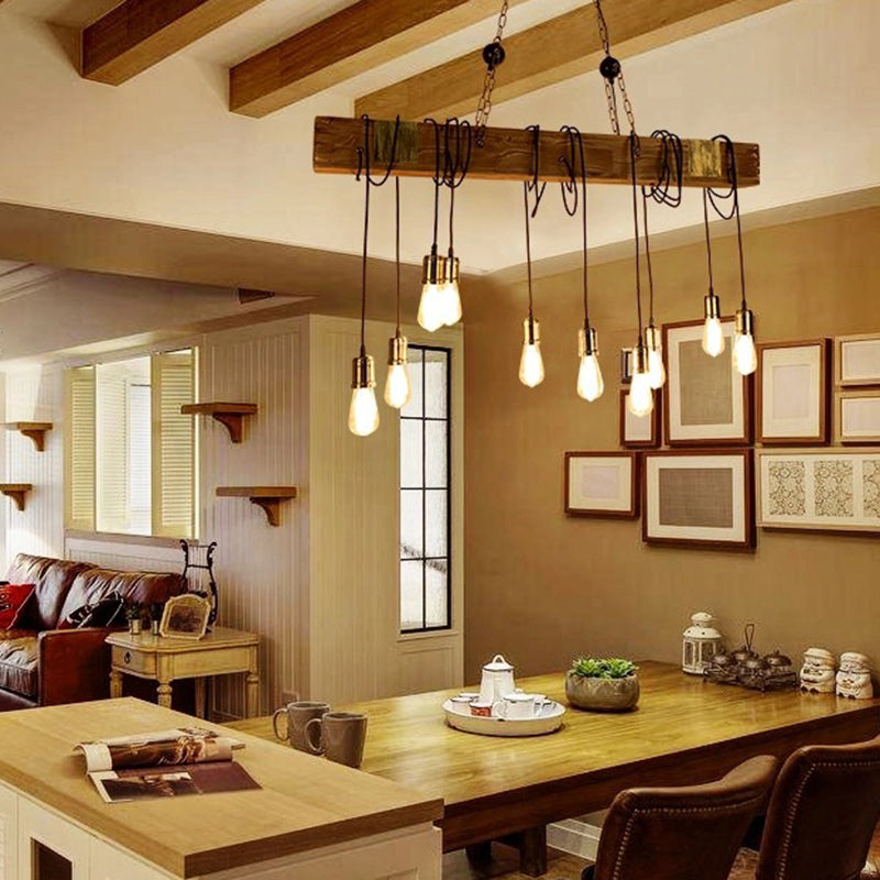 ثريا جزيرة عتيقة مستطيلة الشكل مصنوعة من الخشب والحديد، مكونة من 10 مصابيح لغرفة المعيشة