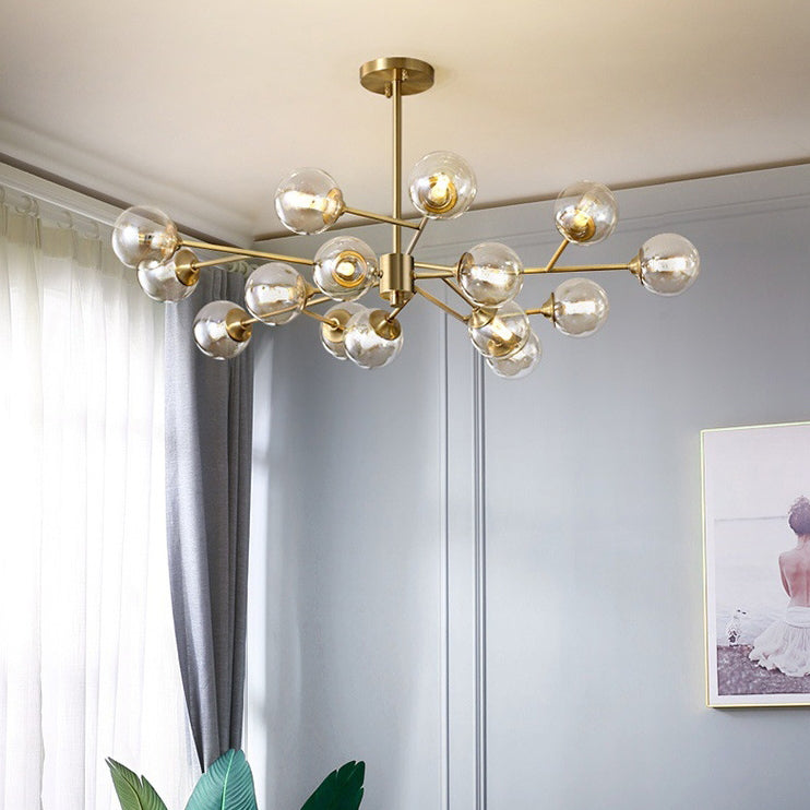 Modern Mid-century Brass Frame Molecular Glass Ball Shade 6/9/12/15-Light Chandelier For Living Room