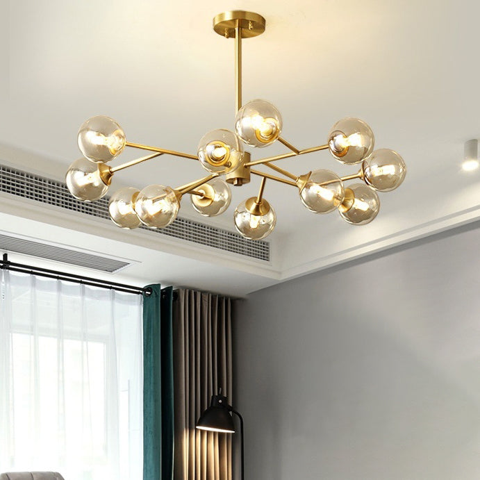 Modern Mid-century Brass Frame Molecular Glass Ball Shade 6/9/12/15-Light Chandelier For Living Room