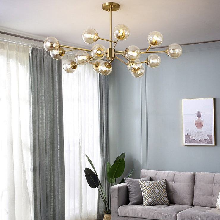 Modern Mid-century Brass Frame Molecular Glass Ball Shade 6/9/12/15-Light Chandelier For Living Room